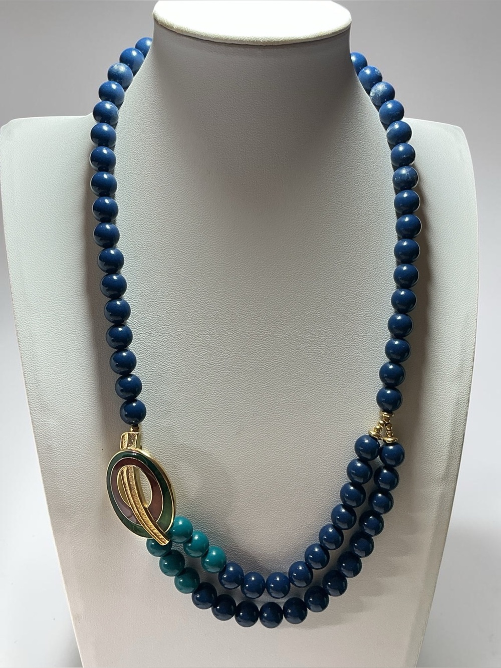 Vintage Trifari Two-Strand Beaded Necklace with Enamel & Gold Feather Clasp